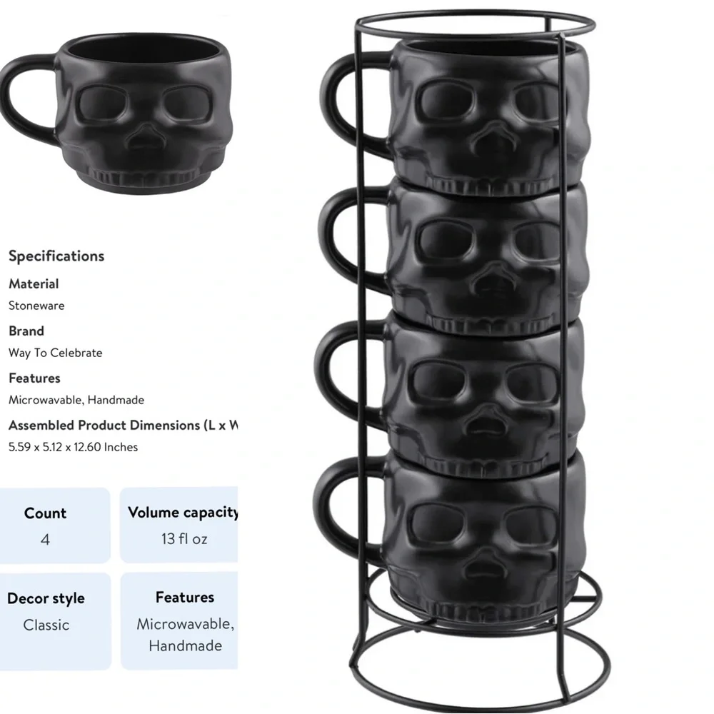 Black Skull-Shaped Ceramic Stacking Mug Set with Metal Rack. - Picture 1 of 5
